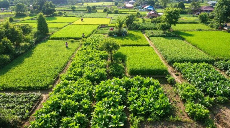 Lanskap pertanian hijau dengan petani dan tanaman beragam.