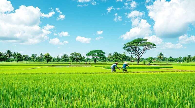 Landskap pertanian berkelanjutan di Indonesia dengan petani.