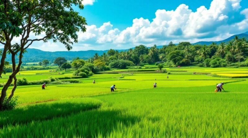 Lanskap pertanian hijau di Indonesia dengan petani bekerja.