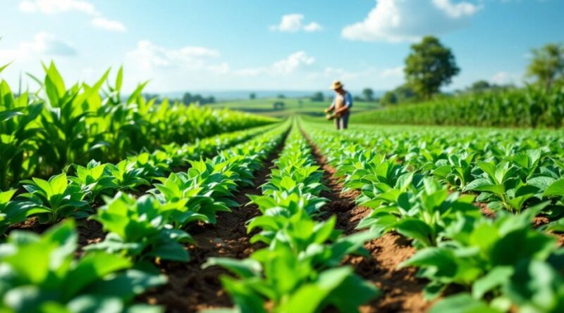 Petani bekerja di ladang pertanian berkelanjutan.