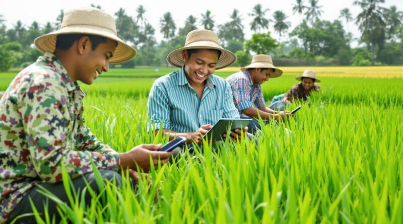 Petani Indonesia menggunakan alat digital di ladang hijau.