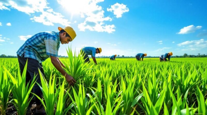 Petani Indonesia bekerja di ladang padi yang subur.