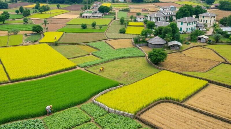 Lanskap pertanian dengan petani, mencerminkan ketahanan pangan.