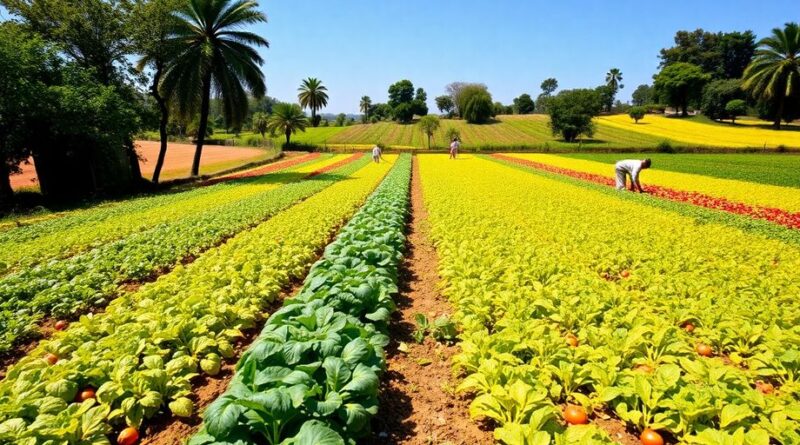 Gambar ladang pertanian dengan petani bekerja di lapangan.