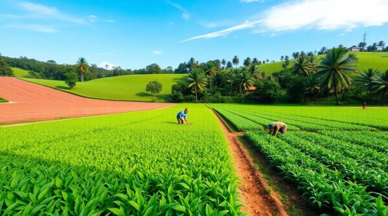 Lanskap pertanian yang subur dengan petani di ladang.